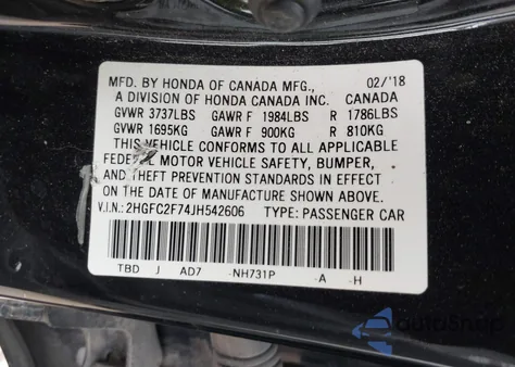 2018 Honda Civic Ex from USA, damaged, VIN 2HGFC2F74JH542606